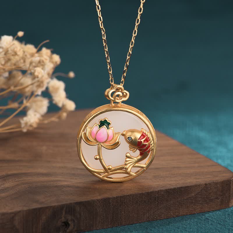 White Jade Koi Medallion Necklace — product view