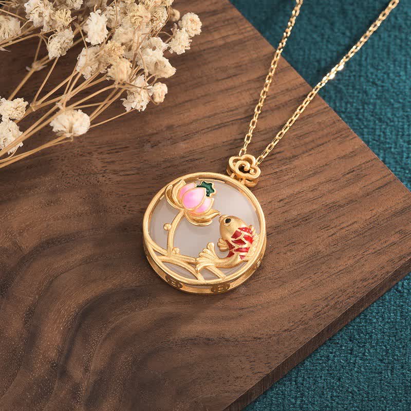 White Jade Koi Medallion Necklace — detail view 3